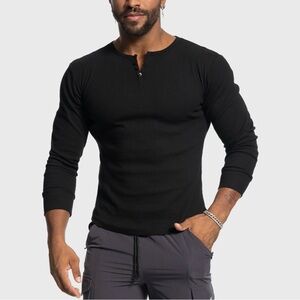AHA Selected Men's Black Henley Ribbed Shirt